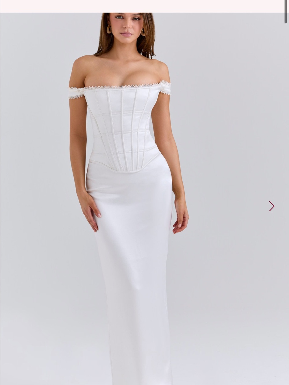 House of CB White Off-Shoulder Corset Satin Gown